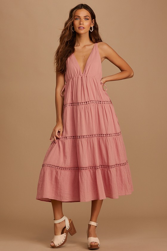 Rose Pink Midi Dress - Lace Tiered ...